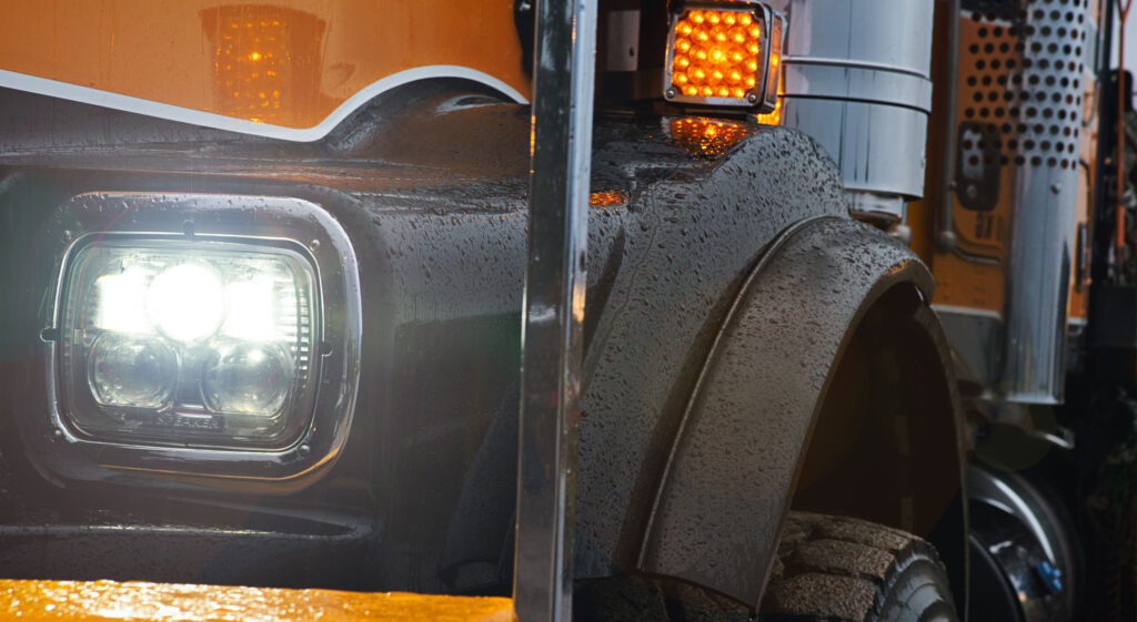 Close up view of an LED headlight on a large truck in the rain